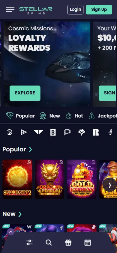 Stellar Spins Casino mobile browser home view with game navigation