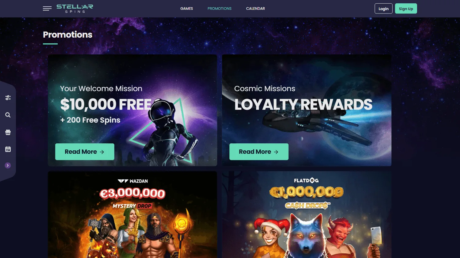 Stellar Spins Casino desktop promotions area with bonuses and free spins
