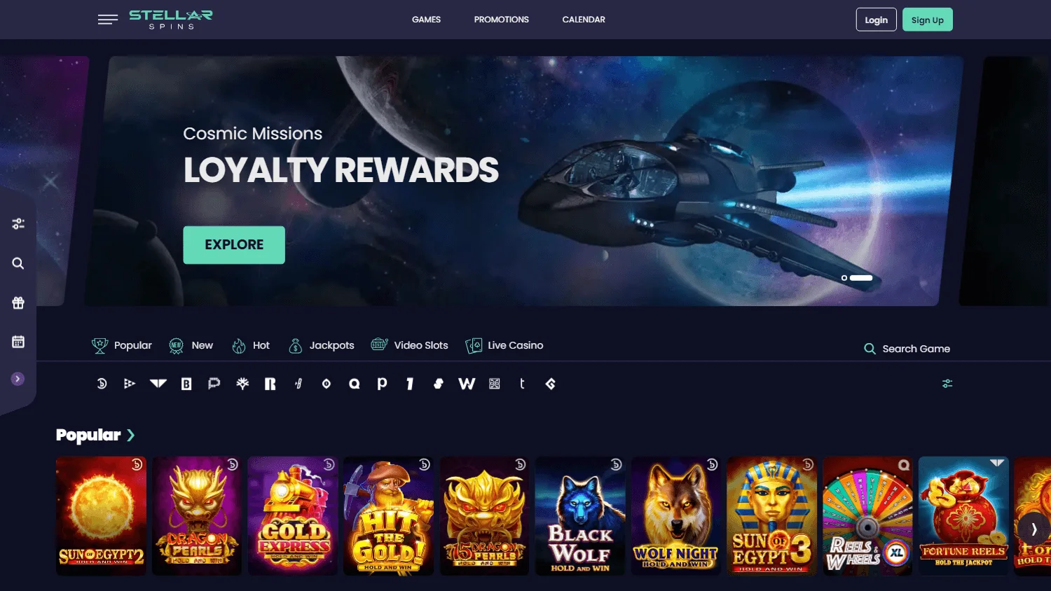 Stellar Spins Casino desktop home view with casino games and navigation