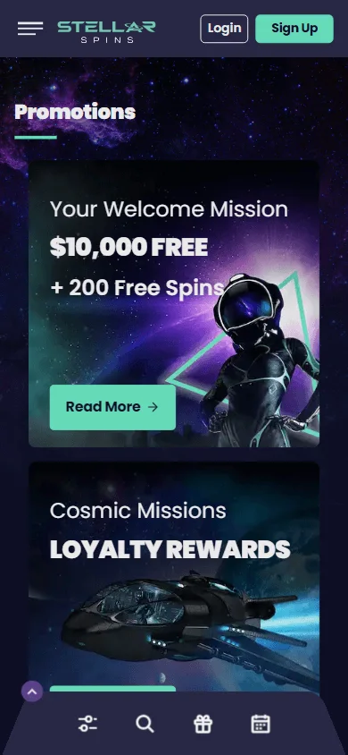 Stellar Spins Casino mobile promotions area with available offers